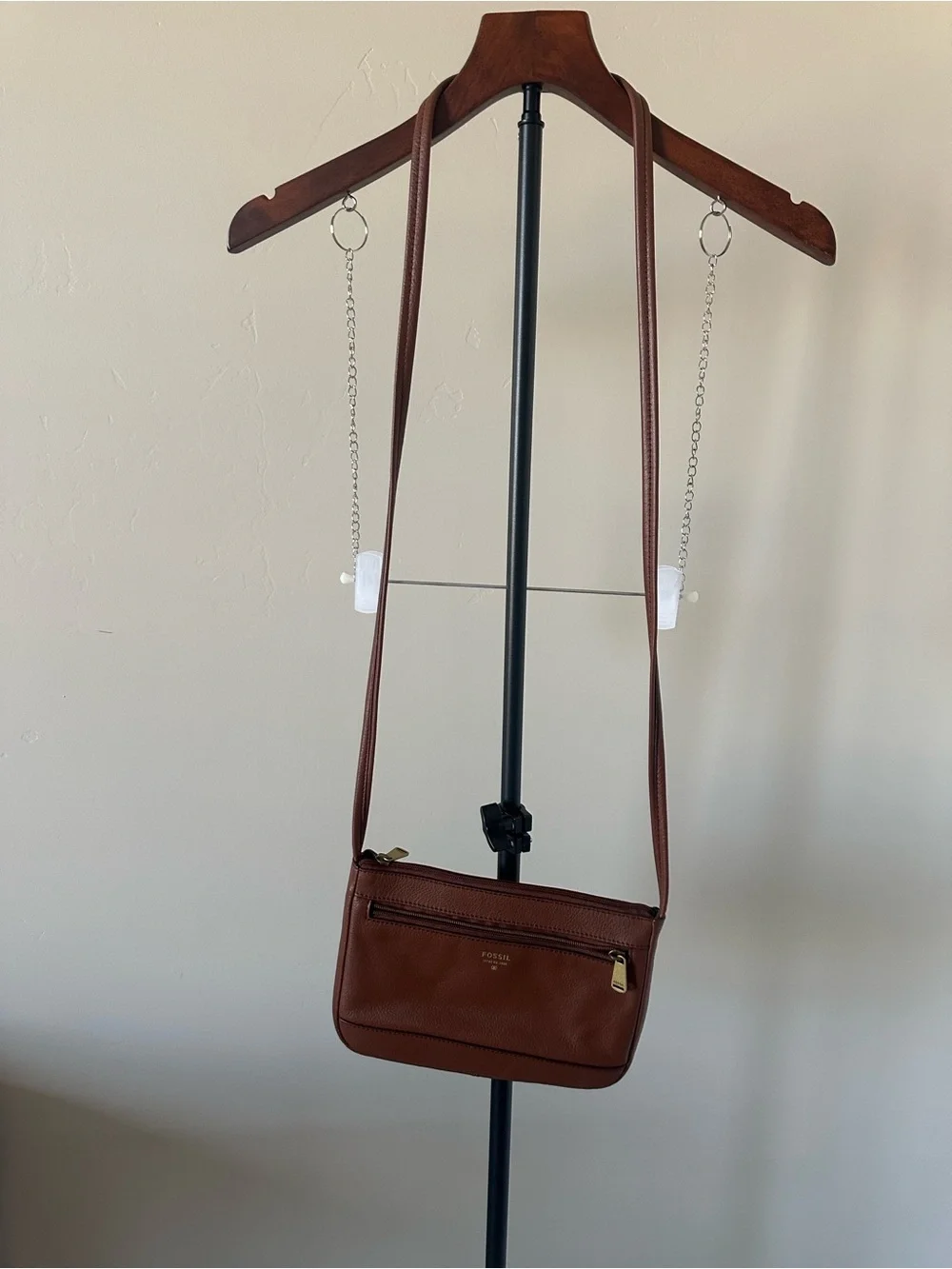 Fossil Brown Leather Mini Crossbody Bag with Gold Hardware